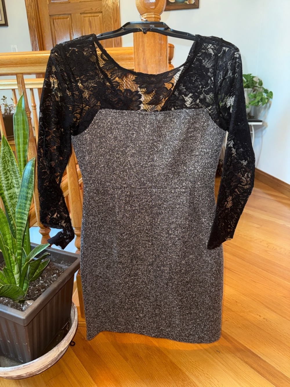 Chic Black Lace-Accent Gray French Connection Dress